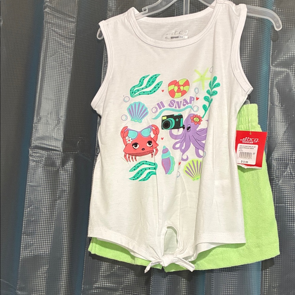 bcg White Tank Top with Colorful Sea Life Graphics & Lime Green Shorts